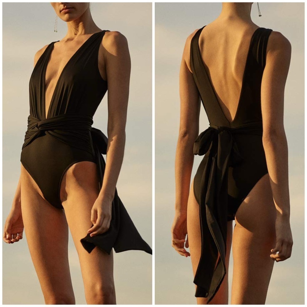 NWT Bondi Born Addison One Piece Swimsuit Black Wrap Tie Back Bow Sz 6